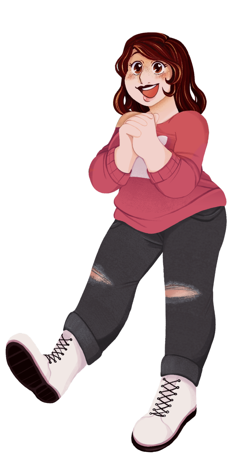 Penny Parker wearing a branded sweater with her logo on it and ripped jeans. Click for projects.