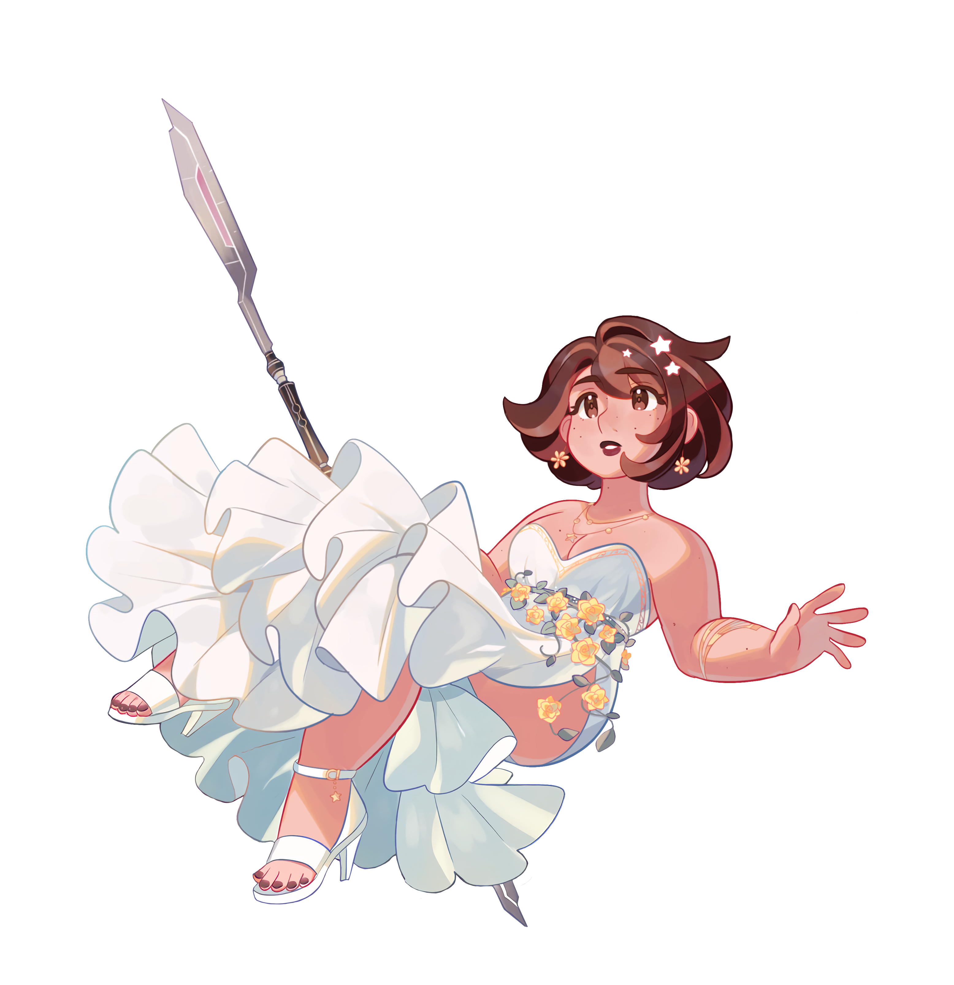 Penny Parker in a cosplay of Aerith Gainsborough's white floral dress.